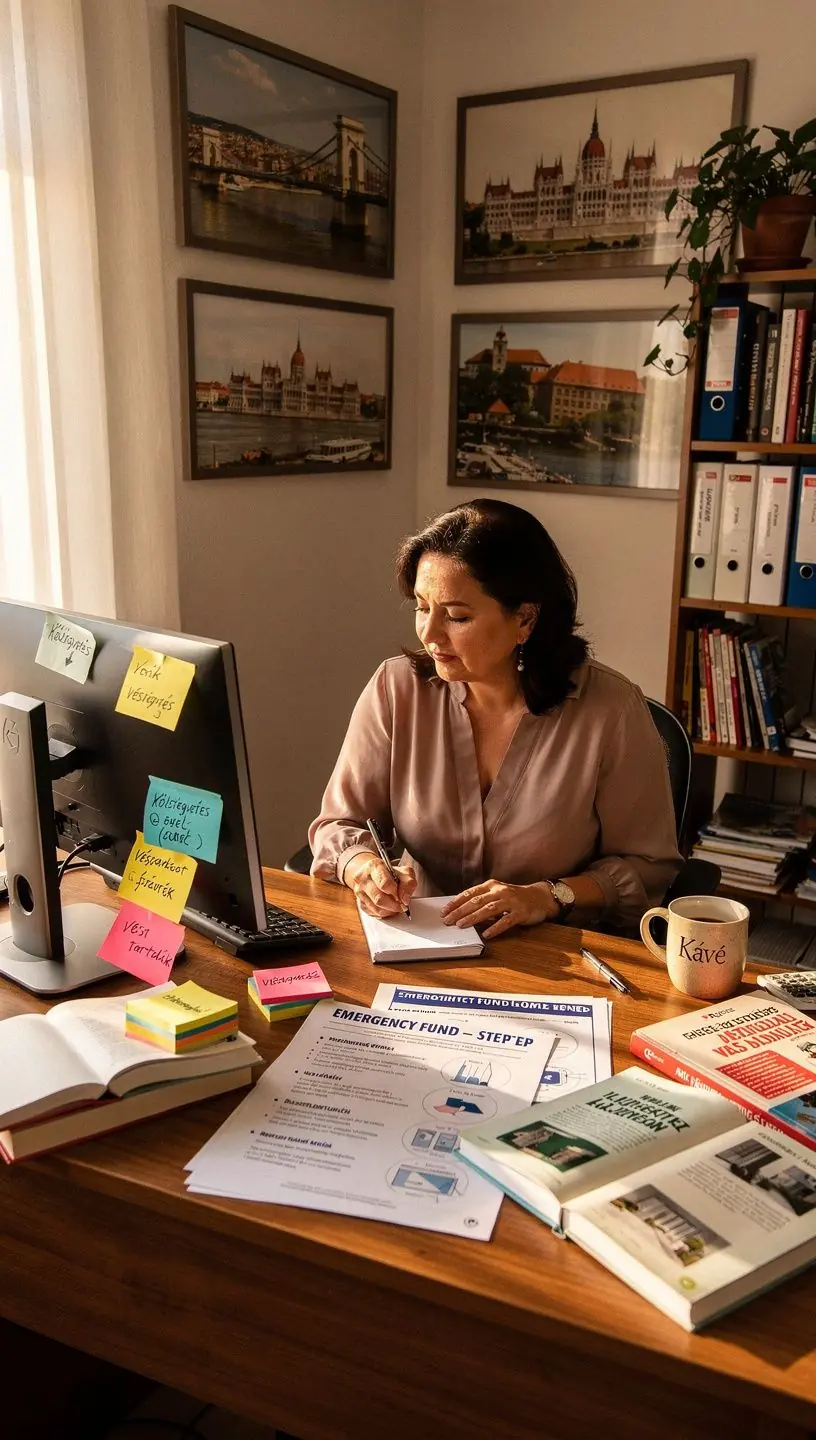 Személyes pénzügyi tervezést szemléltető grafikon és jegyzetek egy asztalon